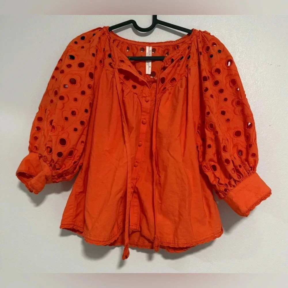 Anthropologie Chantal Eyelet Puff Sleeve Blouse sz XS Orange Button Front Top - Picture 2 of 4